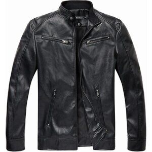Men’s Black WULFUL Stand Collar Faux Leather Motorcycle Lightweight Jacket